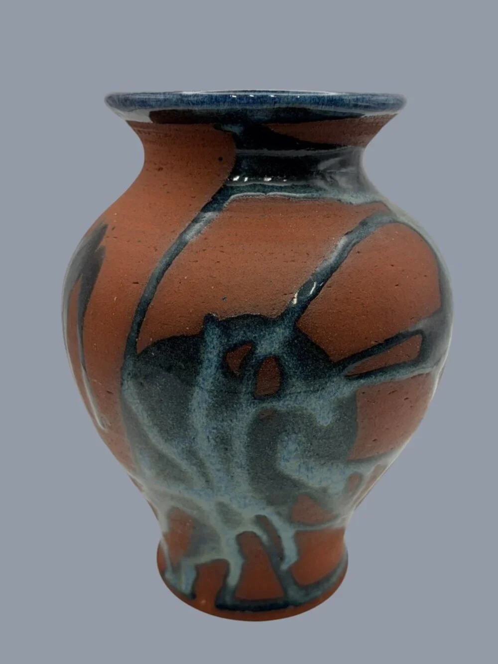 SIGNED Prisca Studio Pottery Vase Blue Drip Glaze Terracotta Art Ceramic 7.5”